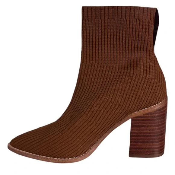 Steven By Steve Madden Nara Sock Booties Camel Brown 7.5 Stacked Block Heel - Picture 5 of 8